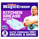 Packaging front of Mr. Clean Magic Eraser Kitchen Grease foaming sponge with Unstopables Fresh badge and Mr. Clean mascot