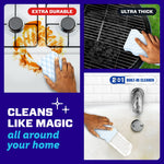 Three lifestyle images showing Magic Eraser used on stovetop, grill grate and sink area