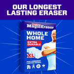 Mr. Clean Magic Eraser Whole Home packaging box rendered on a blue background with bold "Our Longest Lasting Eraser" headline.