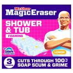 Bright product box front for Mr. Clean Magic Eraser Shower & Tub foaming cleaner with lemon callout and mascot