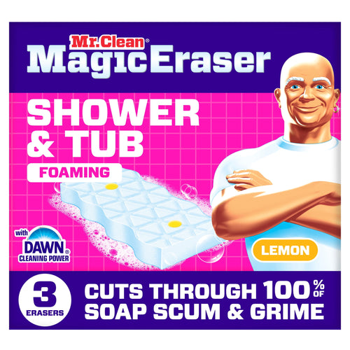 Bright product box front for Mr. Clean Magic Eraser Shower & Tub foaming cleaner with lemon callout and mascot