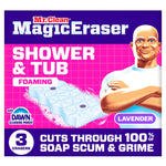 Bright pink and purple Mr. Clean Magic Eraser Shower & Tub foaming package with product illustration and Mr. Clean mascot.