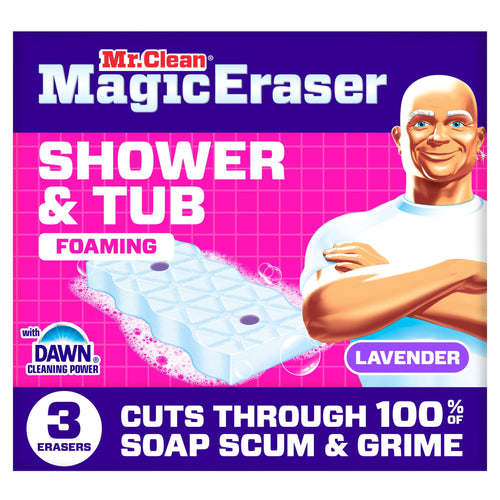 Bright pink and purple Mr. Clean Magic Eraser Shower & Tub foaming package with product illustration and Mr. Clean mascot.