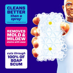 Close-up illustration of a sudsy Mr. Clean Magic Eraser pad held in hand with brand copy calling out mold and mildew removal