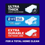 Infographic panels showing three eraser types: ultra thick, 2-in-1 with Dawn, and extra durable