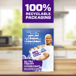 Single Mr. Clean Magic Eraser Ultra Foamy box on a kitchen counter with a '100% recyclable packaging' banner above