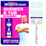 Mr. Clean Magic Eraser Shower & Tub Scrubber packaging alongside handle and two replacement eraser pads on white background.