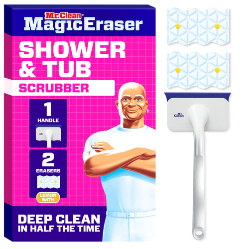 Mr. Clean Magic Eraser Shower & Tub Scrubber packaging alongside handle and two replacement eraser pads on white background.