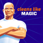 Illustration of the Mr. Clean mascot with arms crossed beside copy reading “cleans like magic” on a purple background