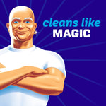 Close-up illustration of the Mr. Clean mascot with crossed arms and text reading cleans like magic on a purple background