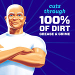 Close-up stylized portrait of the Mr. Clean mascot with text claim about cutting through dirt on a blue background