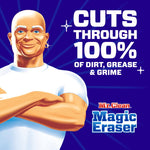 Close-up of Mr. Clean mascot with text claiming it cuts through dirt, grease and grime