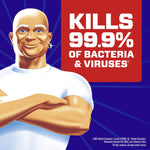 Close-up illustration of the Mr. Clean mascot with bold callout text claiming it kills 99.9% of bacteria and viruses
