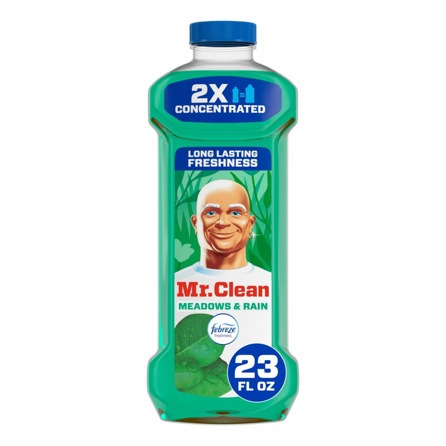 Front-facing Mr. Clean Meadows & Rain 2X concentrated multi-surface cleaner bottle with visible label