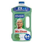 Front-facing Mr. Clean Meadows & Rain 2X concentrated green multi-surface cleaner bottle with label and blue cap