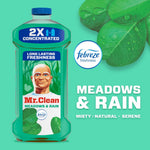 Large product graphic of Mr. Clean Meadows & Rain bottle with Febreze badge and leaves on a green background with scent name text