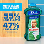 Promotional graphic showing a Mr. Clean Meadows & Rain bottle with text highlighting '55% less plastic' and '47% less water' claims