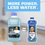 Promotional graphic comparing full-size Mr. Clean bottle to concentrated 2X bottle with headline 'More Power. Less Water.'