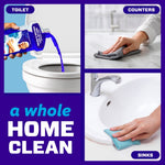 Collage showing Mr. Clean Ocean being poured into a toilet and separate photos of countertop and sink cleaning uses.