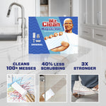 Product display showing a Mr. Clean Magic Eraser box above three example use images and claims like '40% less scrubbing' and '3X stronger'