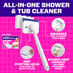 Product diagram showing Mr. Clean scrubber handle and head with callouts for squeegee, pivoting head, and sturdy grip on pink grid background.