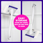 Two views of the Mr. Clean scrubber hanging and standing on tile with central circle text about easy storage and hanging options.