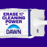 Mr. Clean scrubber head shown erasing tile surface next to large 'Erase with the cleaning power of Dawn' graphic.