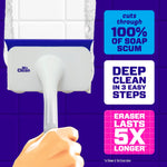 Top-down view of Mr. Clean scrubber head on tiled surface with on-image callouts claiming deep clean and longer-lasting eraser.