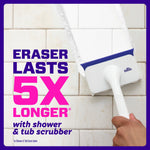 Scrubber handle being used on tiled wall with bold text 'Eraser lasts 5X longer' promoting longevity of the cleaning pad.
