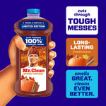 Hand holding a Mr. Clean Spiced Harvest bottle with callouts for tough messes and long-lasting freshness