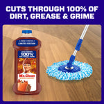 Mr. Clean Spiced Harvest bottle next to a mop on a wood floor with headline about cutting through dirt and grime