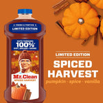 Mr. Clean Spiced Harvest limited edition bottle with pumpkin and cinnamon on an orange background and descriptive text