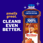 Mr. Clean Spiced Harvest bottle with text 'smells great. cleans even better.' on purple background