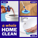 Collage showing Mr. Clean Spiced Harvest being poured into a toilet, a mop on a floor, and a sink being wiped