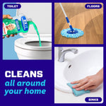 Three-panel graphic showing Mr. Clean pouring cleaner into a toilet, mopping a floor, and wiping a sink, with headline