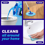 Collage showing Mr. Clean bottle pouring into a toilet, mop on hardwood floor, and a hand wiping a sink with text about cleaning all around your home