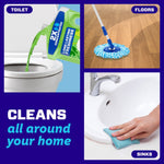 Three-panel graphic showing Mr. Clean bottle used for toilet, floor mop on wood, and hand wiping a sink to illustrate all-around cleaning.