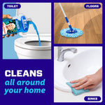 Three-panel infographic showing Mr. Clean cleaner being poured into a toilet, a mop on floors, and a hand cleaning a sink