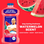 Mr. Clean watermelon-scent bottle against a red background with watermelon slices and text highlighting the scent notes.