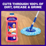 Mr. Clean watermelon-scent bottle next to a mop head on a wood floor with headline about cutting through dirt and grime.