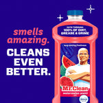Promotional graphic of a Mr. Clean watermelon-scent bottle on a purple background with text saying smells amazing, cleans even better.