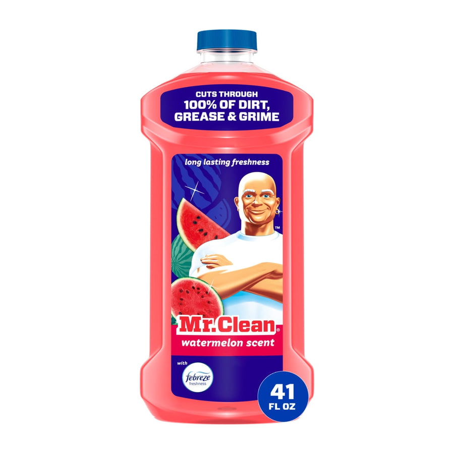 Front-facing Mr. Clean all-purpose cleaner bottle in pink liquid with watermelon label and blue cap.