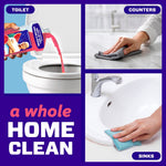 Collage showing Mr. Clean watermelon cleaner being poured into a toilet and used on counters and sinks with cleaning text.