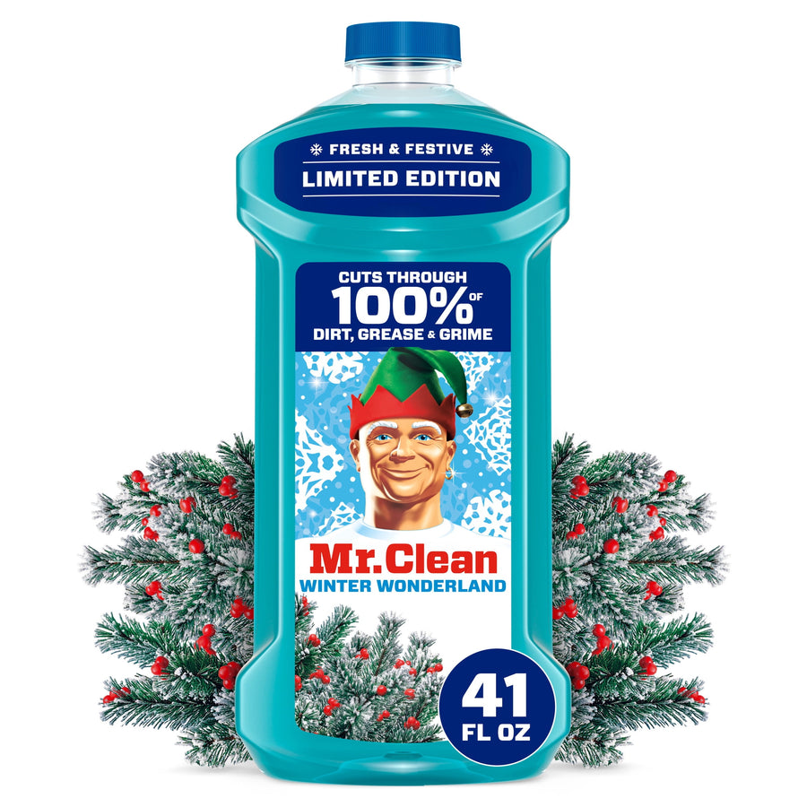 Teal Mr. Clean bottle with festive label and pine sprigs, limited edition Winter Wonderland scent, 41 fl oz badge visible