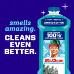 Teal Mr. Clean Winter Wonderland bottle on purple background with text "smells amazing. cleans even better."