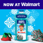 Mr. Clean Winter Wonderland bottle on snowy background with snowflakes, elf hat and pine sprig, Now at Walmart banner
