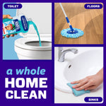 Collage showing Mr. Clean Winter Wonderland pour into toilet, mop on hardwood floor, and hand wiping sink with "a whole HOME CLEAN" text