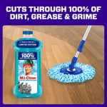 Mr. Clean Winter Wonderland bottle next to a mop head on wood floor with headline about cutting through dirt, grease & grime