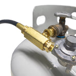 Brass T-adapter and hose connected to a propane tank regulator and valve, showing the Mr. Heater hookup connection.