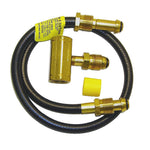 Coiled black rubber hose with brass fittings, T-adapter and a yellow protective cap from a Mr. Heater hookup kit.